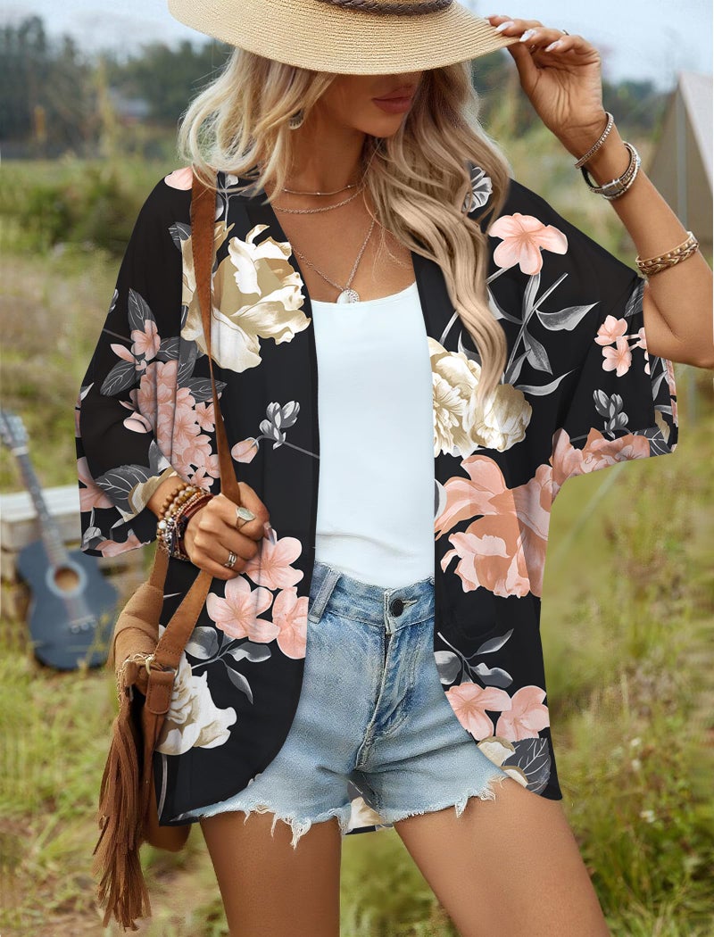 BB&KK Women's Chiffon Floral Kimono Cover Ups Tops Summer Lightweight Sheer Thin Cardigans Beach Boho Hawaiian Shirts Black Small - Image 2